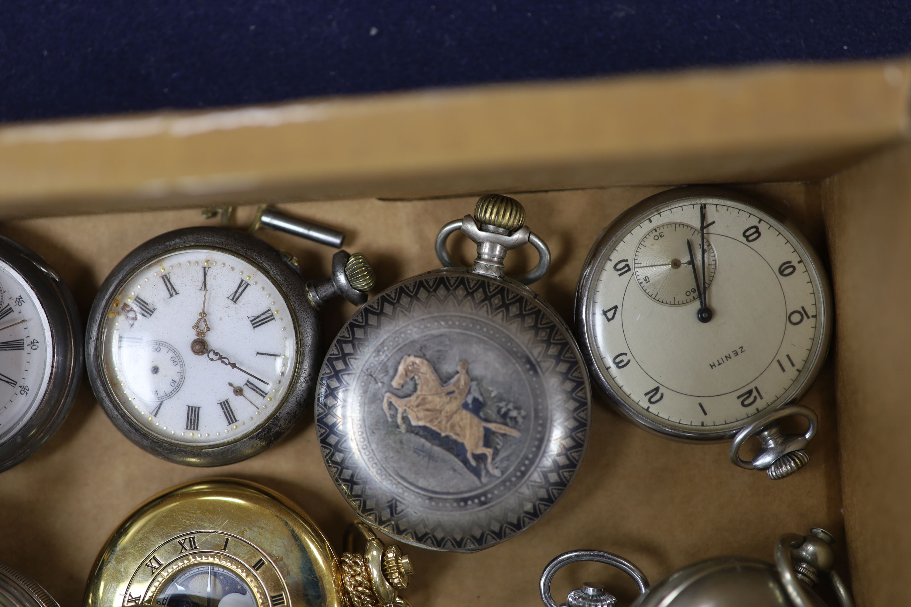 A small collection of assorted mainly based metal pocket watches including Cyma, Zenith and choreograph